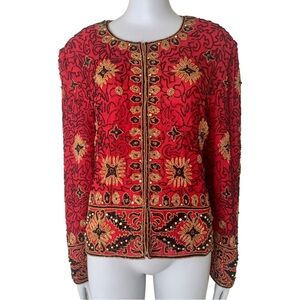 Adrianna Papell Boutique Evening Jacket Vintage 90’s Silk Beaded Red Gold 12